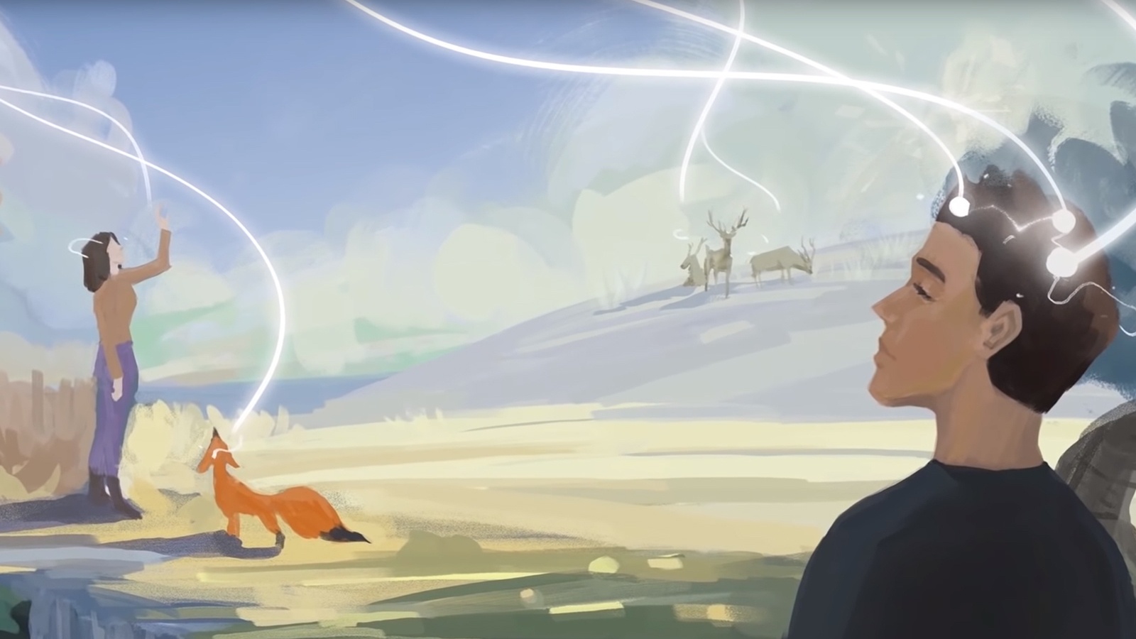 An illustration of two people, an orange fox in a barren nature scene. In the distance are three deer. The people, fox, and deer all have white beams of light streaming toward their heads.